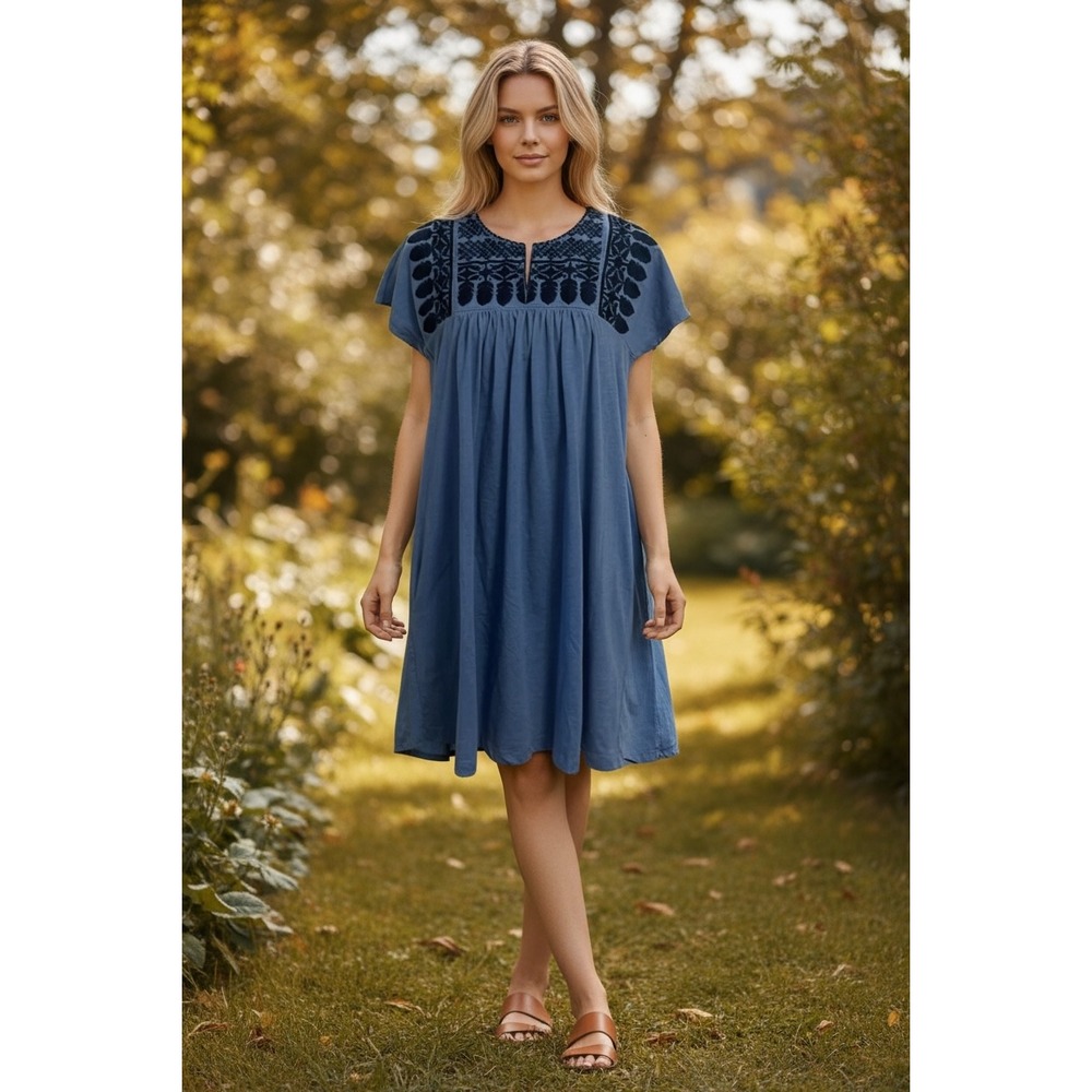 GAP Womens‎ Blue Embroidered Split Neck Short Sleeve Cotton Blend Shift Dress S